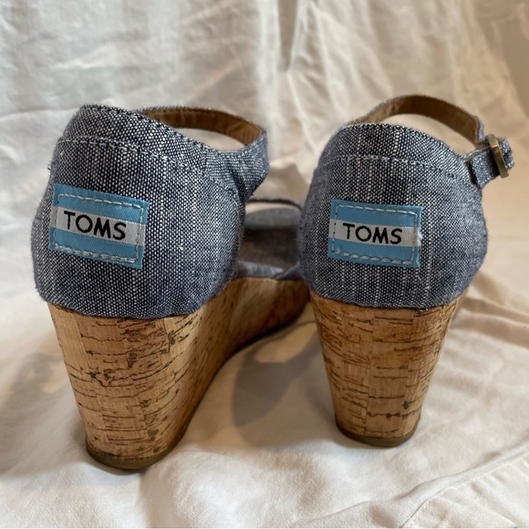 Toms Chambray Denim & Cork Platform Peep Toe Wedge - Picture 5 of 6